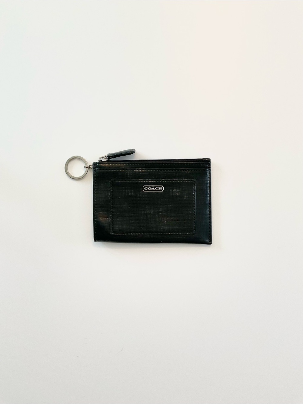 Coach‎ Darcy Black Crossgrain Saffiano Leather Keyring Card Case Wallet